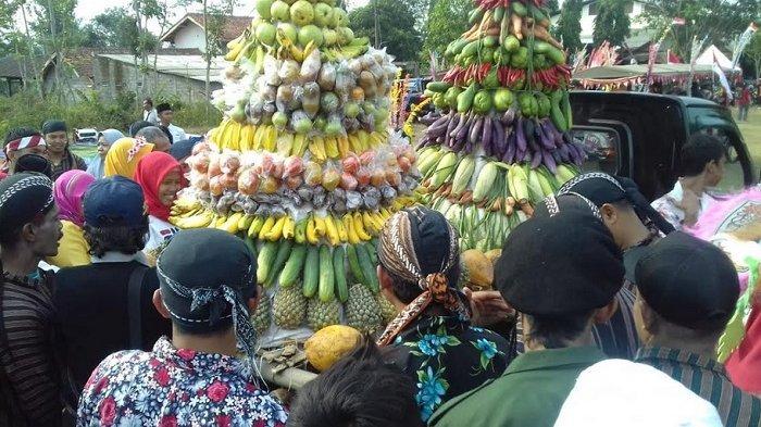 Warga Desa Cepoko, Gunungpati, Semarang berebut buah-buahan pada saat kirab