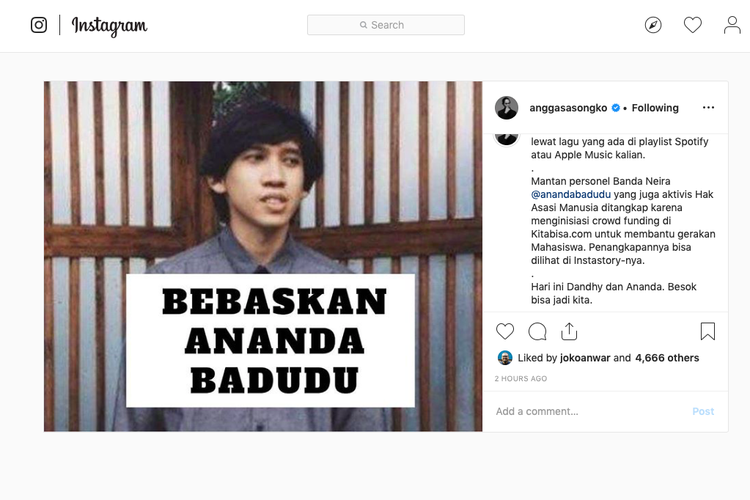 Melalui Instagram, sutradara dan produser film Angga Dwimas Sasongko menuntut pembebasan artis musik Ananda Badudu yang ditangkap polisi dengan tuduha