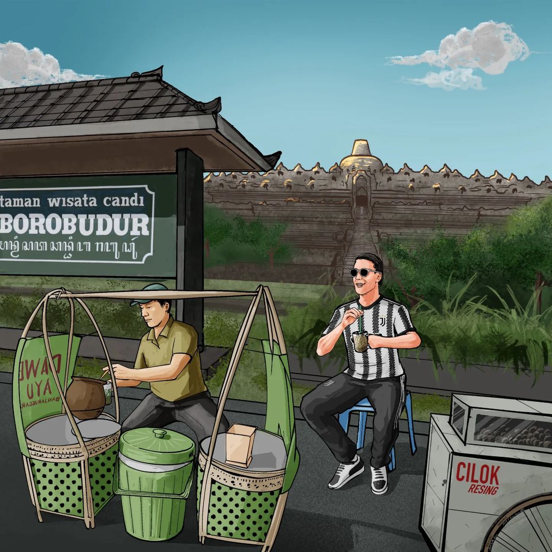 Unggahan di Akun Instagram Resmi Juventus Dengan Latar Belakang Candi Borobudur :  Jalan-jalan dulu mumpung masih libur